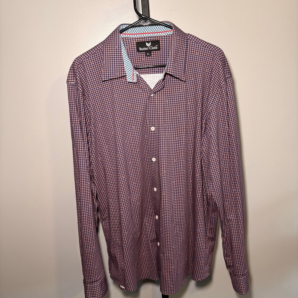 Men's Butter Cloth Casual Button Down‎ Shirt XL Red Blue Plaid